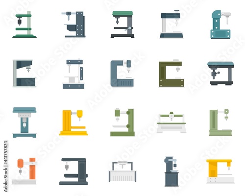 Milling machine icons set flat vector isolated