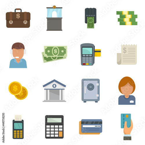 Bank teller icons set flat vector isolated
