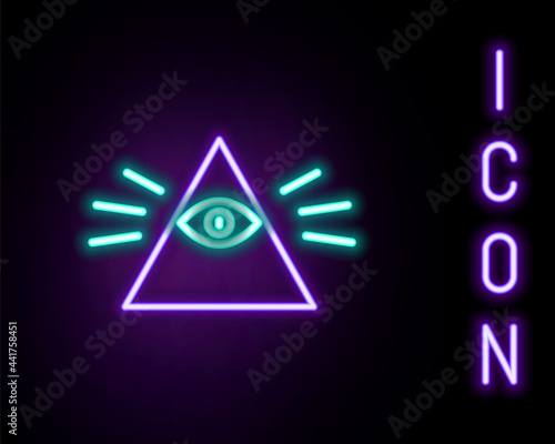 Glowing neon line Masons symbol All-seeing eye of God icon isolated on black background. The eye of Providence in the triangle. Colorful outline concept. Vector