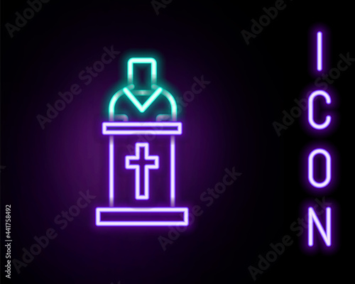 Glowing neon line Church pastor preaching icon isolated on black background. Colorful outline concept. Vector