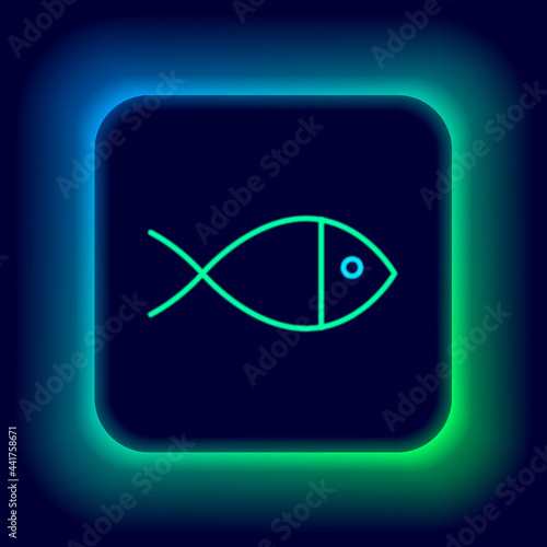 Glowing neon line Christian fish symbol icon isolated on black background. Jesus fish symbol. Colorful outline concept. Vector