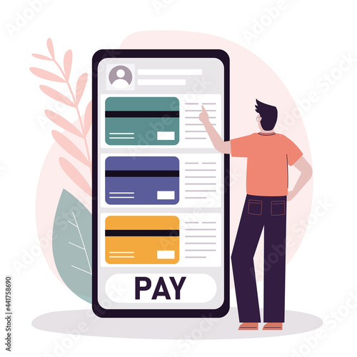 Male character chooses card for payment. Different credit cards on smartphone screen