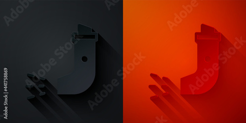 Paper cut Inhaler icon isolated on black and red background. Breather for cough relief, inhalation, allergic patient. Paper art style. Vector