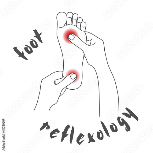 Foot reflexology concept.  Inspection, prevention reflexes and therapy. Reflexology.  The hands of a massage therapist massaged feet.  EPS10.