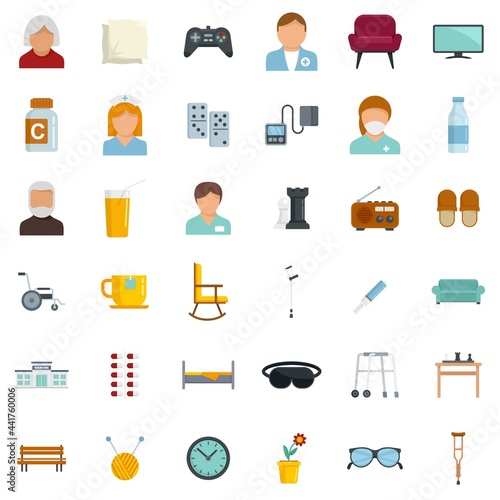 Nursing home icons set flat vector isolated