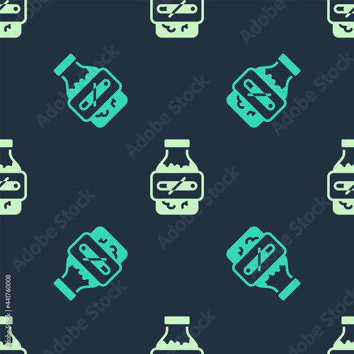 Green and beige Nicotine gum in blister pack icon isolated seamless pattern on blue background. Helps calm cravings and reduces anxiety caused by quitting smoking. Vector
