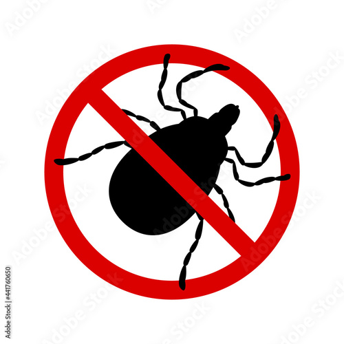 Mite warning sign. Stop parasite icon, vector illustration, silhouette, black and red, tick in a red circle, isolated on white, flat style