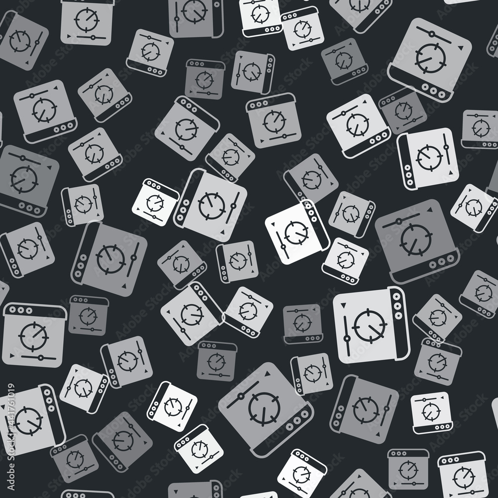 Grey Online play video icon isolated seamless pattern on black background. Film strip with play sign. Vector Grey Online play video icon isolated seamless pattern on black background. Film strip with play sign. Vector