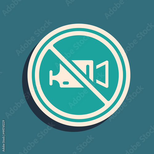 Green Prohibition sign no video recording icon isolated on green background. Long shadow style. Vector