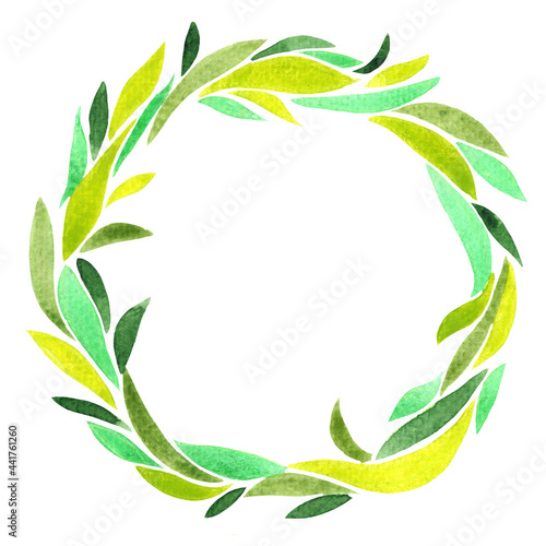 Green grass leaf wreath watercolor hand painting for decoration on natural and spring season theme.