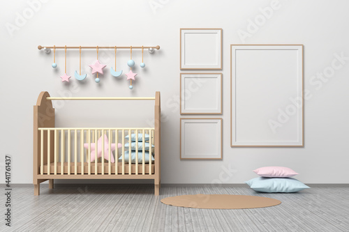 Kids room nursery mockup template with cradle, pillows, hanging toys and three square frames and one A4 blank frame.