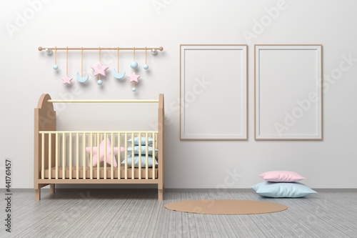 Wallpaper Mural Kids room nursery mockup template with cradle, pillows, hanging toys and two A4 frames blank frames. Torontodigital.ca