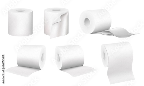 Realistic toilet paper roll set isolated on white background. Collection of soft textured sanitary napkin in different angles and positions , 3D illustration