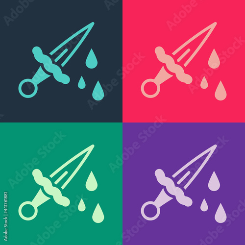 Pop art Sword with blood icon isolated on color background. Medieval weapons knight and soldier. Symbol of murder. Vector