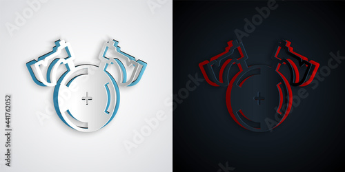 Paper cut Medieval shield with crossed axes icon isolated on grey and black background. Battle axe, executioner axe. Paper art style. Vector