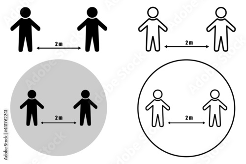 Two person icon keeps a distance of 2m, icon setIllustration of keeping social distance.Flat design ,covid-19 theme icon. photo