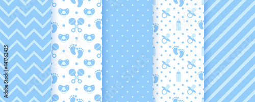 Baby blue seamless patterns. Pastel prints. Baby shower backgrounds. Vector. Set of kids textures. Cute childish backdrops with polka dot, zigzag, stripes, pacifier and bottle. Modern illustration
