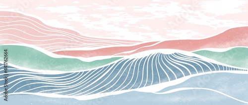 Creative minimalist modern paint and line art print. Abstract ocean wave and mountain contemporary aesthetic backgrounds landscapes. with sea, skyline, wave. vector illustrations