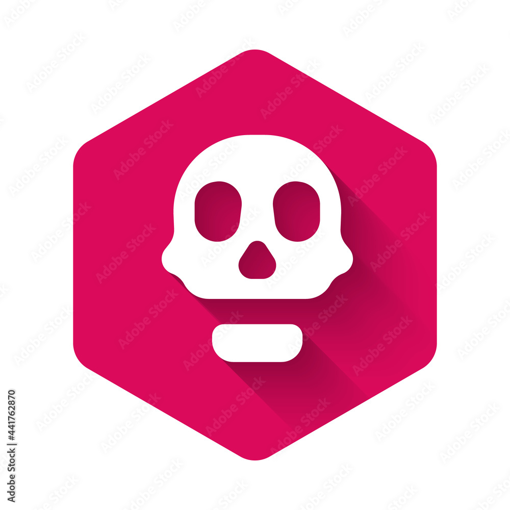White Skull icon isolated with long shadow background. Happy Halloween party. Pink hexagon button. Vector White Skull icon isolated with long shadow background. Happy Halloween party. Pink hexagon button. Vector