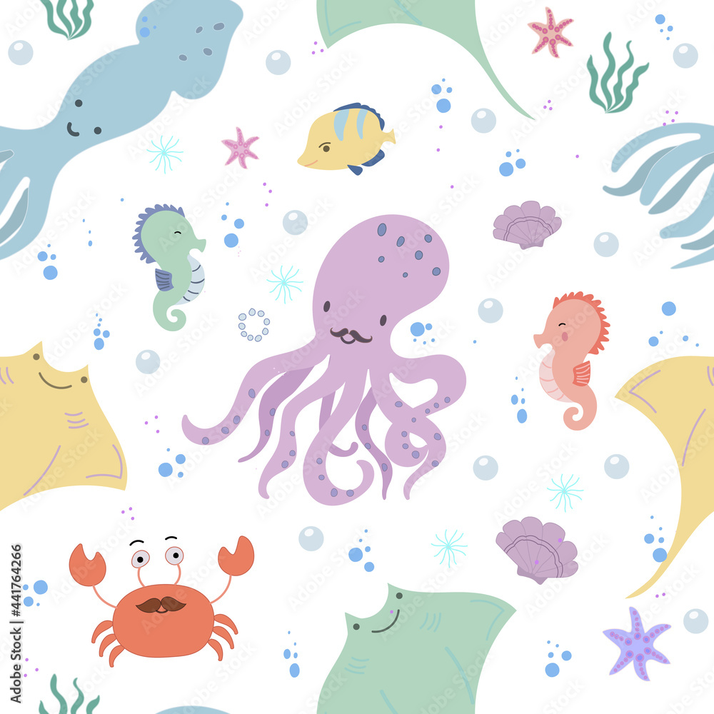 Seamless pattern whith sea animals, fishes, corals and shells. Underwater world, hand drawn doodle vector illustration. Seamless pattern whith sea animals, fishes, corals and shells. Underwater world, hand drawn doodle vector illustration.