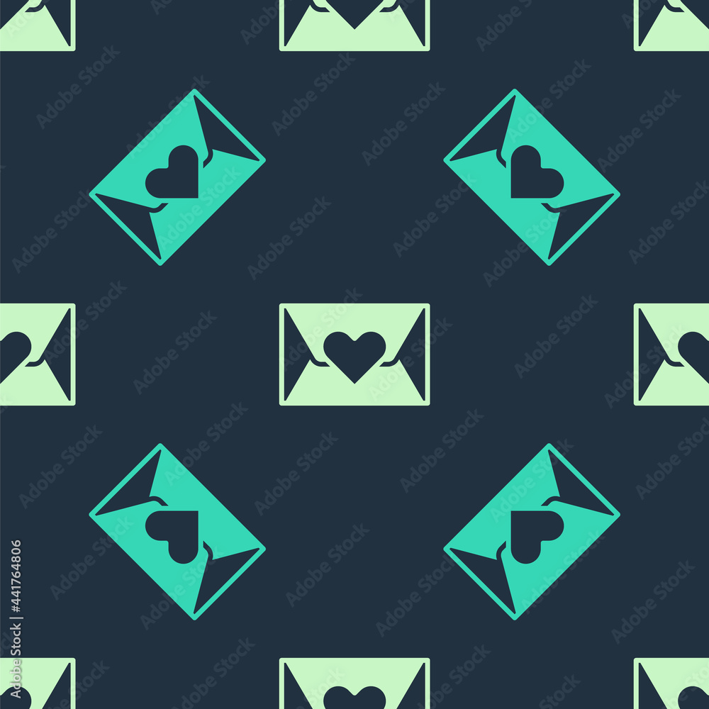 Green and beige Envelope with Valentine heart icon isolated seamless pattern on blue background. Message love. Letter love and romance. Vector Green and beige Envelope with Valentine heart icon isolated seamless pattern on blue background. Message love. Letter love and romance. Vector