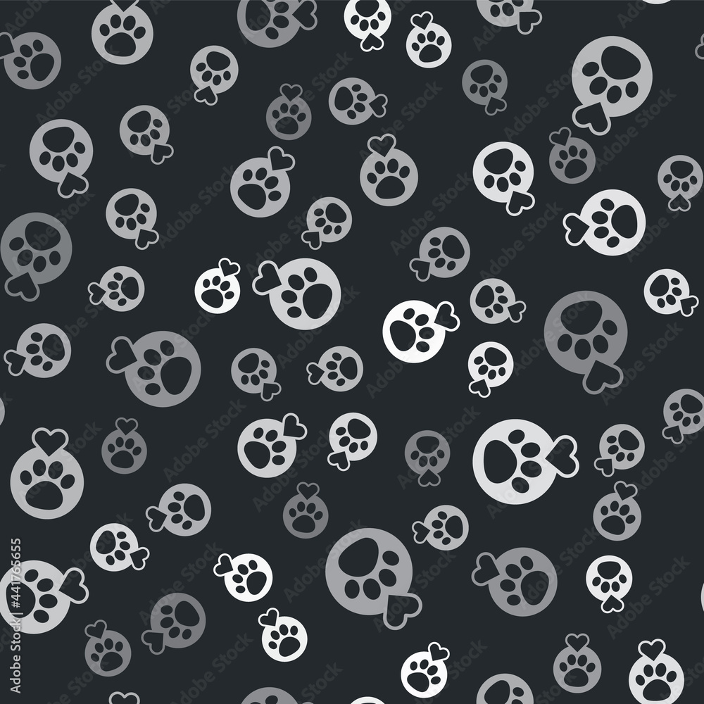 Grey Heart with animals footprint icon isolated seamless pattern on black background. Pet paw in heart. Love to the animals. Vector Grey Heart with animals footprint icon isolated seamless pattern on black background. Pet paw in heart. Love to the animals. Vector