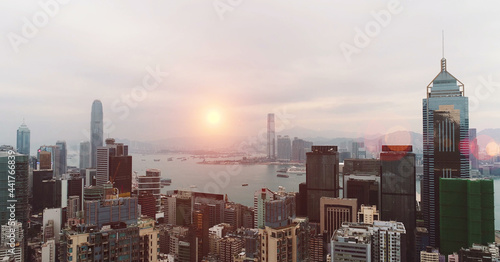 AERIAL. Hong Kong Sunrise  View from The drone  Hong Kong Sun shape in the sky