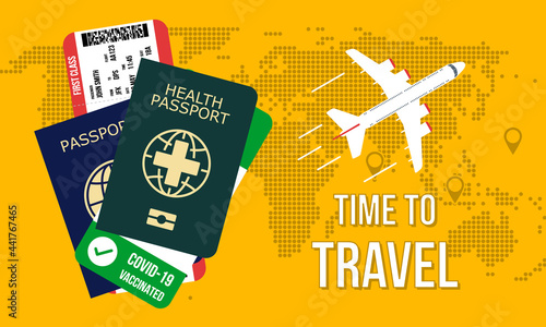 time to travel without limits concept, national passport with boarding pass and health passport with covid-19 vaccination confirmation, flat style vector illustration