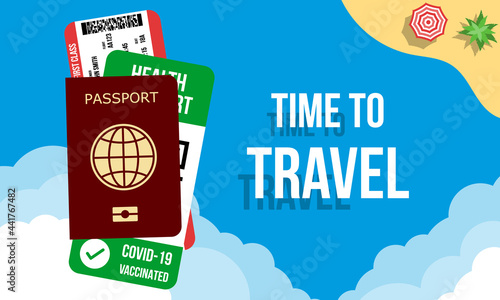 time to travel without limits concept, national passport with boarding pass and covid-19 vaccination confirmation card, flat style vector illustration