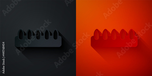 Paper cut Set of false nails for manicure icon isolated on black and red background. Varnish color palette for nail extension. Artificial nails. Paper art style. Vector