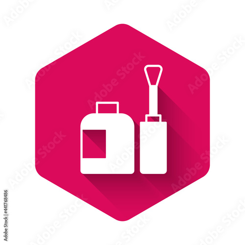 White Bottle of nail polish icon isolated with long shadow background. Pink hexagon button. Vector