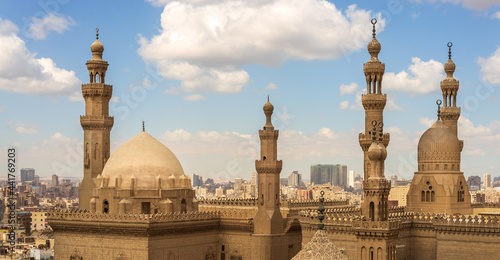 Minarets and domes of Sultan Hassan Mosque and Al Rifai Mosque, Cairo, Egypt