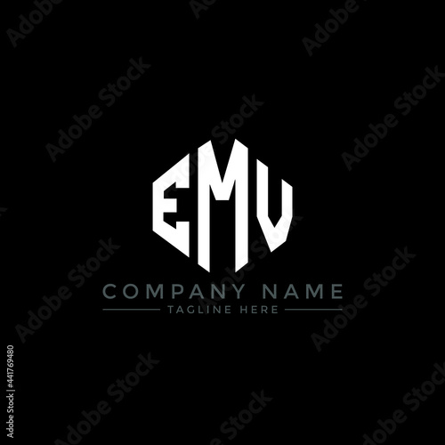 EMV letter logo design with polygon shape. EMV polygon logo monogram. EMV cube logo design. EMV hexagon vector logo template white and black colors. EMV monogram, EMV business and real estate logo. 