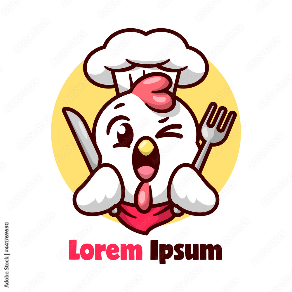 FUNNY CHICKEN CHEF SMILING AND BRINGING FORK AND KNIFE. HIGH QUALITY CARTOON MASCOT DESIGN. FUNNY CHICKEN CHEF SMILING AND BRINGING FORK AND KNIFE. HIGH QUALITY CARTOON MASCOT DESIGN.
