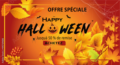special offer card or banner for halloween party on a white background with leaves pumpkin bats spiders and cobwebs