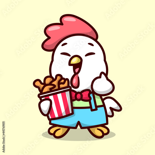 FUNNY CHICKEN WITH UNIFORM IS BRINGING A BUCKET OF FRIED CHICKEN AND SMILING. HIGH QUALITY CARTOON MASCOT.