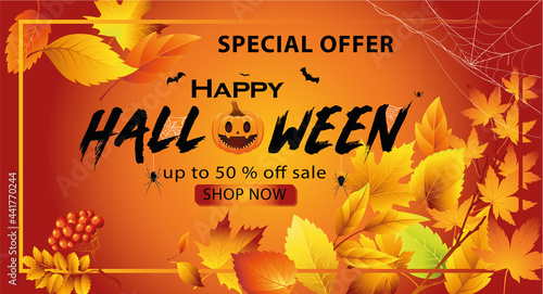 special offer card or banner for halloween party on a white background with leaves pumpkin bats spiders and cobwebs