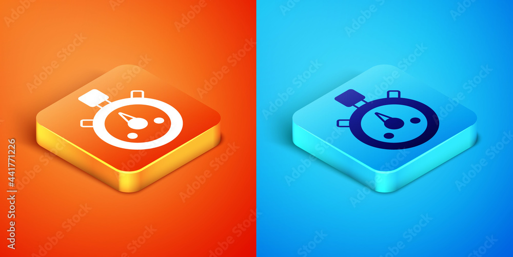 Isometric Stopwatch icon isolated on orange and blue background. Time timer sign. Chronometer sign. Vector Isometric Stopwatch icon isolated on orange and blue background. Time timer sign. Chronometer sign. Vector