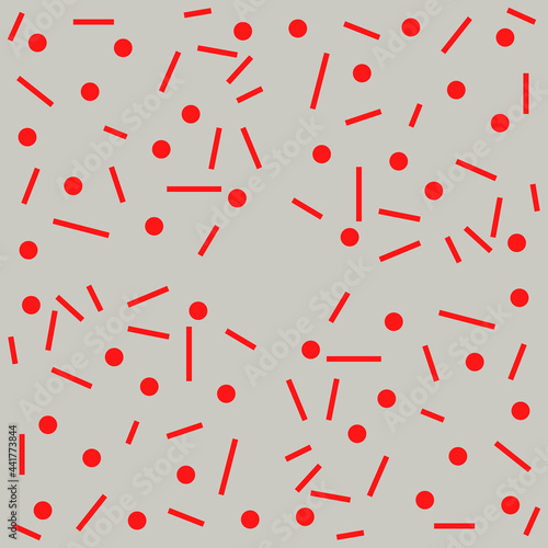 Red sticks and dots pattern. Vector same shapes and gray background.