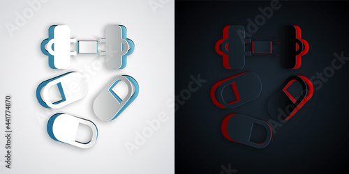 Paper cut Sports doping, anabolic drugs with dumbbell icon isolated on grey and black background. Anabolic steroids tablet. Pills in jar. Paper art style. Vector