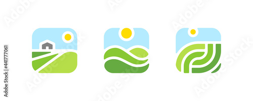 Farm logo mark template or icon of rural landscape with sun and field. Set of modern geometric emblems or badges for natural agriculture, organic food industry or harvesting campaign