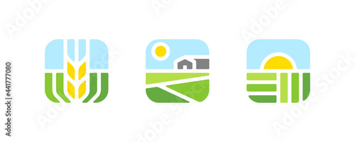 Farm logo mark template or icon of rural landscape with sun, field and barn. Set of modern geometric emblems or badges for natural agriculture, organic food industry or harvesting campaign