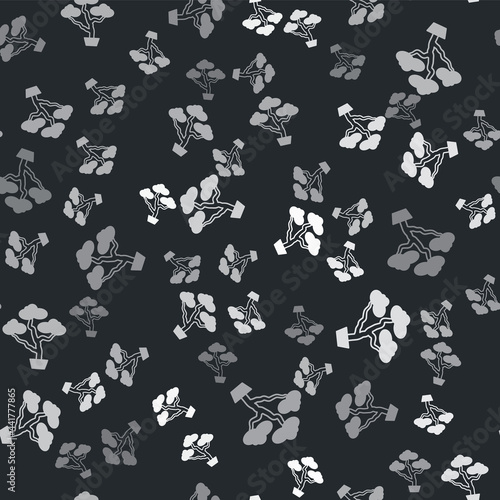 Grey Japanese bonsai tree icon isolated seamless pattern on black background. Japanese culture, horticulture, olericulture hobby concept. Vector