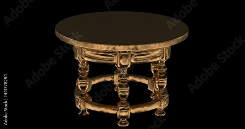Gold round handmade table with wood carving on six legs. Alpha matte channel.