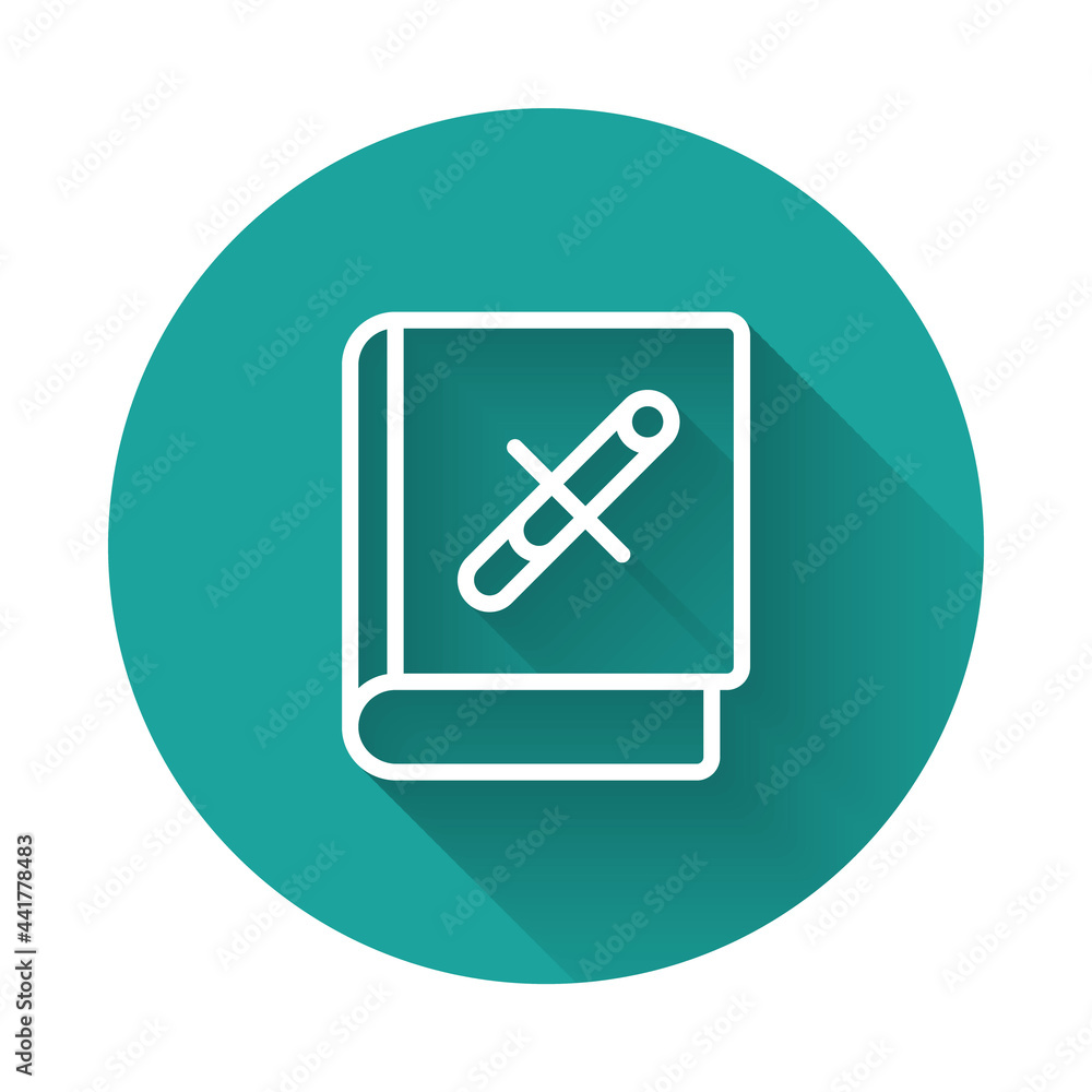 White line Book with stop cigarette icon isolated with long shadow background. Book about the dangers of smoking. Green circle button. Vector White line Book with stop cigarette icon isolated with long shadow background. Book about the dangers of smoking. Green circle button. Vector