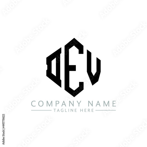 DEV letter logo design with polygon shape. DEV polygon logo monogram. DEV cube logo design. DEV hexagon vector logo template white and black colors. DEV monogram, DEV business and real estate logo. 