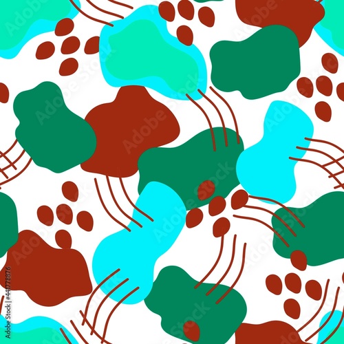 Simple abstract vector seamless pattern. Brown, turquoise, green spots, shapes, stripes on a white background. For prints of fabric, textile products, packaging, clothing.
