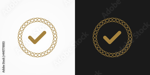 Approved Icon. Gold Check Mark with Decorative Circle Lines Frame Sticker Label isolated on Double Background. Flat Vector Icon Design Elements For Web Templates.