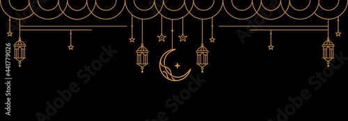 ramadan Kareem golden banner on black background, Eid Mubarak Greeting Line vector design with beautiful Glowing Lantern and elegant crescent moon star