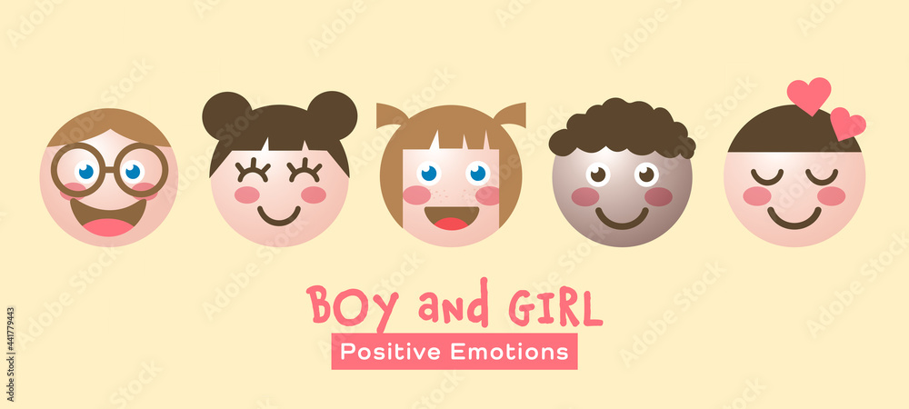 Obraz premium Set of smiling faces of kids. Illustration of cute boys and girls faces showing happy and positive emotions, Illustration Vector EPS10.